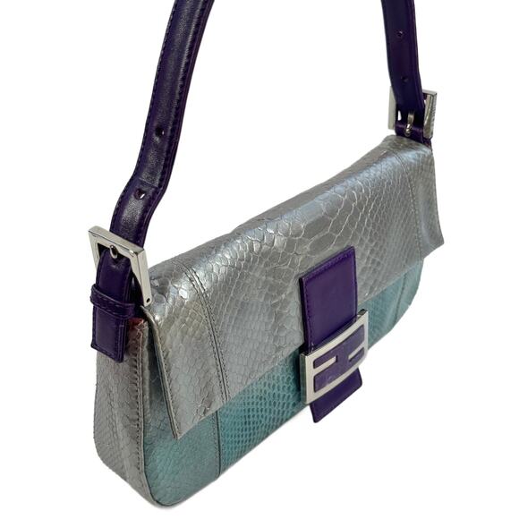 Fendi Vintage Silver Blue Purple Fuchsia Ombré Snakeskin Baguette Shoulder Bag - Picture 6 of 9